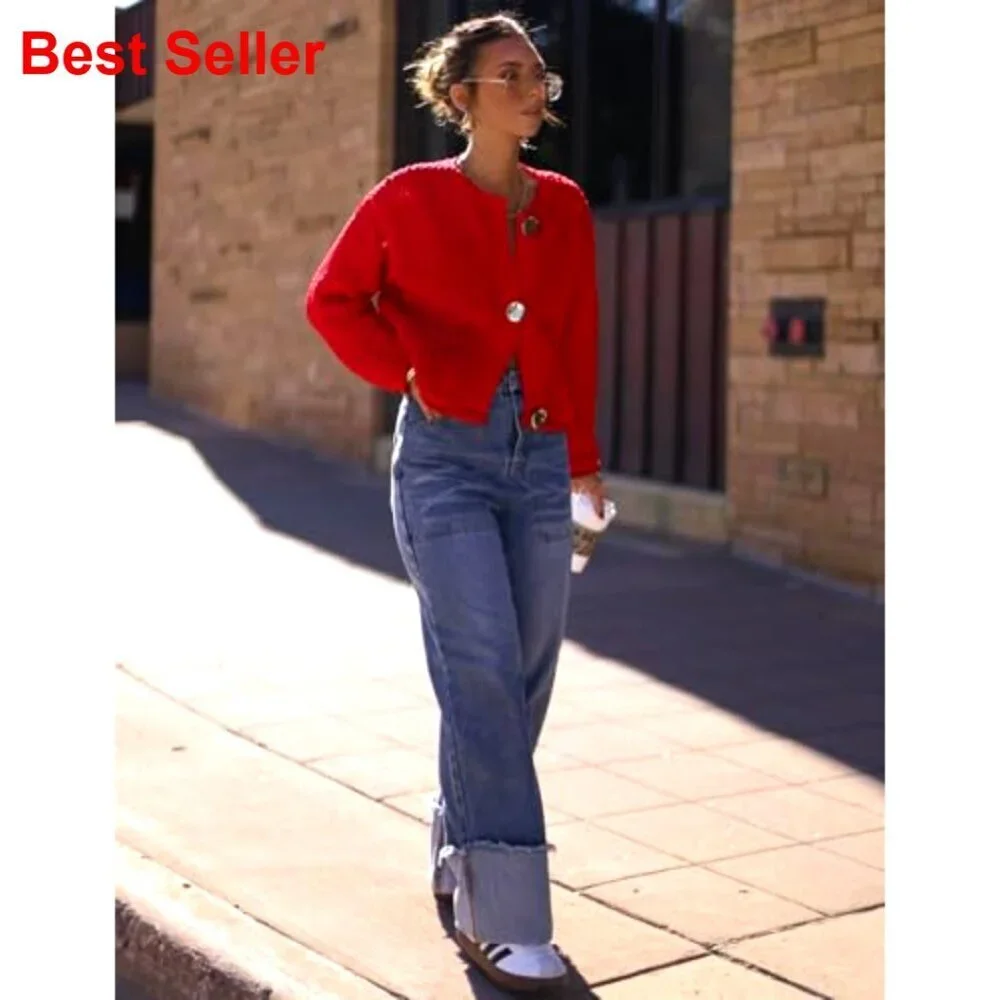 Cropped Cardigan Sweater Chunky Knit Open Front Long Sleeve Gold Buttons